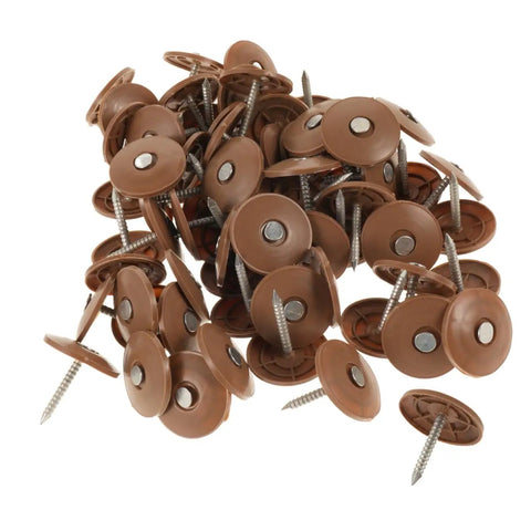 Bang For Your Buck Rock Solid Galvanized Roofing Nails With Plastic Washers For House Wrap Insulation Foam Board And Felt Sealing 200 Pack heavy-duty fasteners with brown caps.