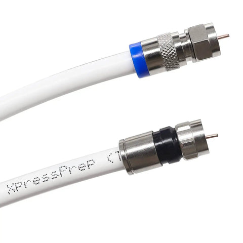 Close-up of RG6 cable with compression connectors for Pro Grade Coax Cable Crimping Kit With Adjustable Tool For RG6 RG59 RG7 RG11.