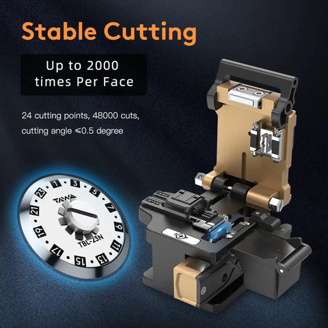 Heavy Duty Fiber Optic Cleaver With Razor Sharp Tungsten Steel Cutting Blade For Ftth Setup Jobs showing dual clamp design and cutting gauge.