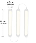 RGB Under Cabinet Lighting Kit with Motion Sensor featuring 3 ultra-thin panels, shown with dimensions for kitchen or wardrobe use