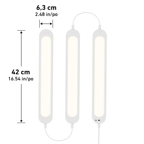 RGB Under Cabinet Lighting Kit with Motion Sensor featuring 3 ultra-thin panels, shown with dimensions for kitchen or wardrobe use