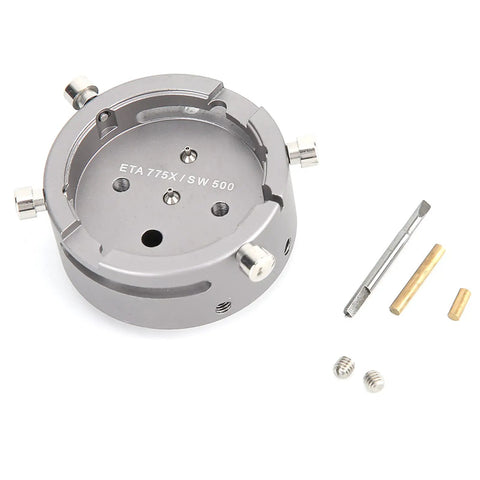 Metal Watch Movement Holder For 7750 Movement Repairing And Maintenance Durable Precise Tool with screws and tools visible