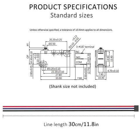 Technical diagram of Waterproof Momentary Hinge Roller Lever Micro Switches With 30cm Lead 10A 125 To 250V NO NC COM IP67.