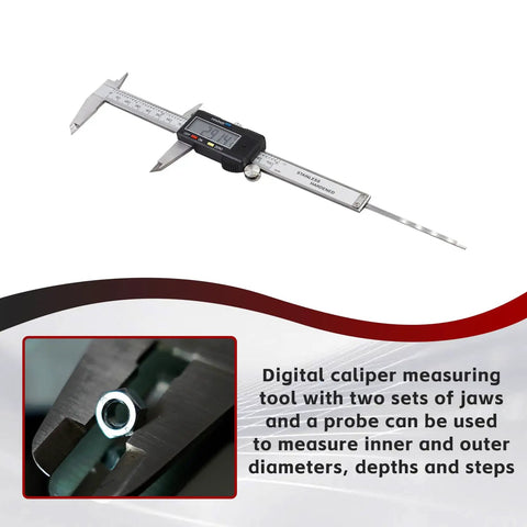 Electronic Digital Caliper With Stainless Steel Body And Large LCD Screen Measures 0 To 6 Inches And 0 To 150 mm in use.