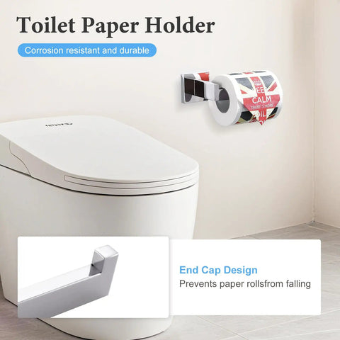 Wall-mounted toilet paper holder from Five Piece Bathroom Hardware Set with polished stainless steel, rust-free finish.