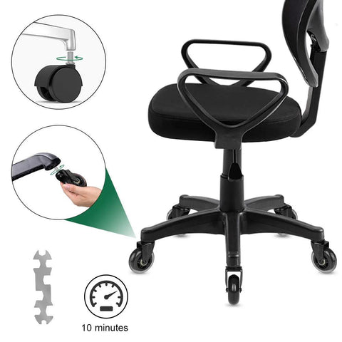 Replacement Office Chair Casters Set Of 5 With Rubber Wheels And Threaded Stem Three Eighths Inch Imperial Threads Per Inch shown installed on office chair, highlighting easy installation and smooth movement on various floors.