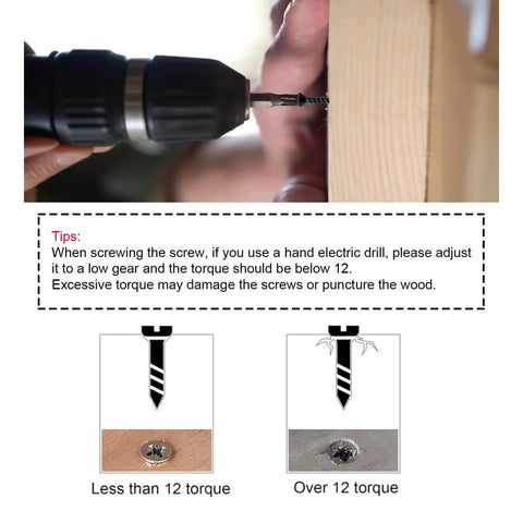 Demonstration of Wood Screws Assortment Kit 500 Piece Set With Short Cabinet Screws Phillips Flat Head Self Tapping Black Carbon Steel in use with power drill and torque guidance illustrated below.