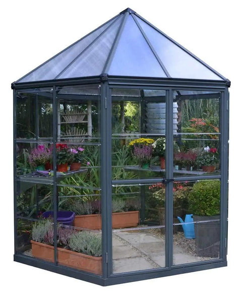 Hexagon Walk In Greenhouse Kit With Aluminum Frame And Heavy Duty Polycarbonate Panels, visible from side angle