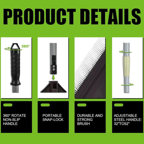 Product details showing rotation handle, snap-lock, durable brush, adjustable handle for Artificial Turf Rake With Telescopic Steel Handle For Lawn Care, Hand Rake To Clean Fake Grass, Leaves, Pet Hair And Debris, Durable Nylon Bristle Brush, Adjustable Length 26 To 48 Inches, 45.5x15 Cm Head, Easy No Fuss