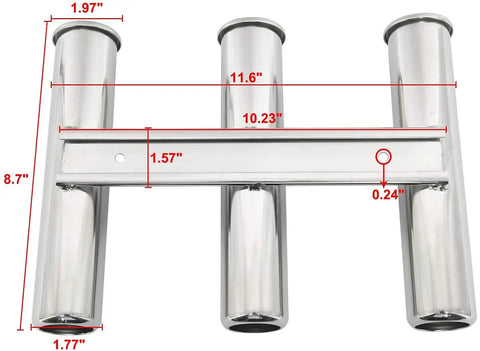 316 Stainless Steel Triple Tube Fishing Rod Rack, Wall Or Side Mount Rod Holder Bracket with dimensions shown