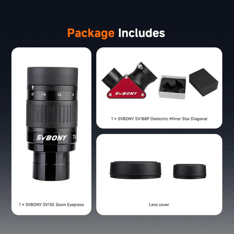 Package contents of SV135 Zoom Eyepiece for 1.25 Inch Telescopes With 7 To 21mm Adjustable Focal Length And Dielectric Mirror Star Diagonal
