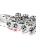 Beefy 16-Way Lead Acid Battery Post Terminal Ends With Distribution Block Bus Bar For 8 AWG Up To 4/0 XL Gauge Positive And Negative For SAE DIN EN Tapered Top Posts, silver metal