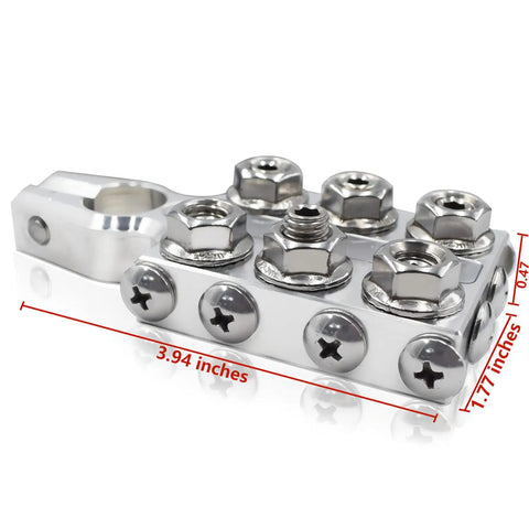 Beefy 16-Way Lead Acid Battery Post Terminal Ends With Distribution Block Bus Bar For 8 AWG Up To 4/0 XL Gauge Positive And Negative For SAE DIN EN Tapered Top Posts, silver metal