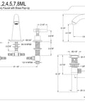 Diagram of Milano Widespread Lavatory Faucet With Metal Lever Handles Polished Brass Finish Solid Brass Construction No Drip Ceramic Disc Cartridge 8 To 16 Inch Deck Mount 1.2 GPM At 60 PSI 1/2 Inch IPS Water Supply 3 Hole Installation with measurements.