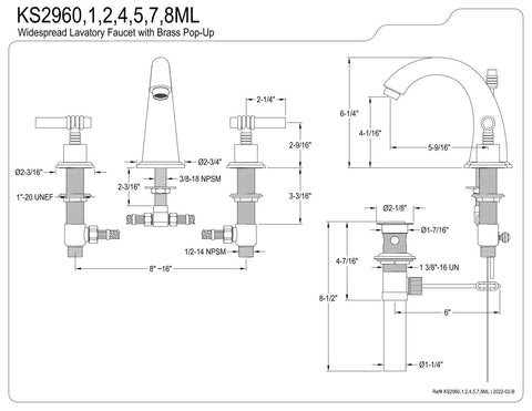 Diagram of Milano Widespread Lavatory Faucet With Metal Lever Handles Polished Brass Finish Solid Brass Construction No Drip Ceramic Disc Cartridge 8 To 16 Inch Deck Mount 1.2 GPM At 60 PSI 1/2 Inch IPS Water Supply 3 Hole Installation with measurements.
