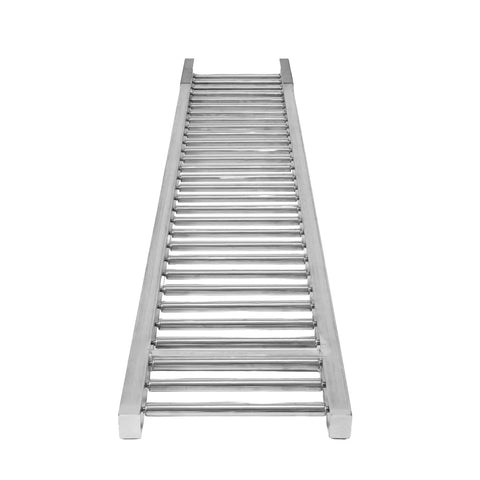 Heavy Duty Unpowered Roller Conveyor With Stainless Steel Frame For Warehouse Loading And Unloading Heavy Boxes Up To 440 Lbs viewed from above.