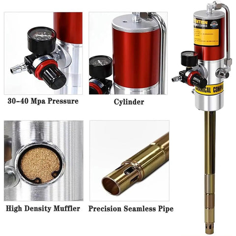Heavy Duty Air Operated Grease Pump For 55 Gallon Drums With 16 Ft Hose and pressure gauge showing 30-40 Mpa for efficient lubrication.