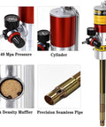 Heavy Duty Pneumatic Grease Pump With 16 Foot Hose And Universal 55 Gallon Drum Cap detail showing pressure gauge, aluminum cylinder, and seamless pipe.