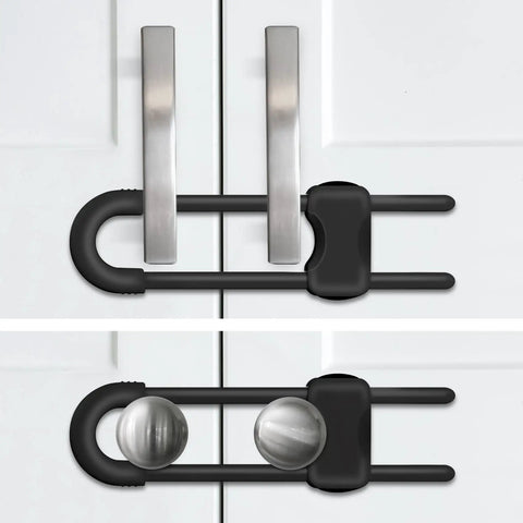 Premium KidSafe Cabinet Locks And Toddler Proof Drawer Latches For Home Security Quick Adhesive Setup Keeps Lil Ones Outta Trouble Without A Hitch In Sturdy 2Pack Black Design on cabinet doors.