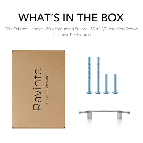 Package contents showing screws and a Curved Cabinet Pulls Five And Three Sixteenth Inch Brushed Nickel Zinc Alloy 30 Pack box
