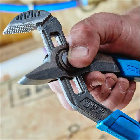 Hand holding SpeedGrip High Carbon Steel Tongue And Groove Pliers Set With Push Button Adjustment Lock and Safe Stop, close-up, USA made