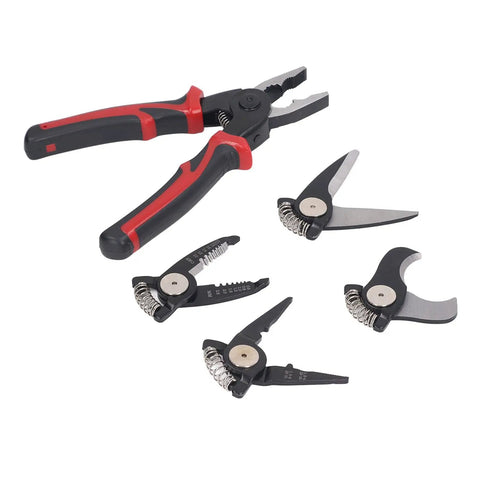 5 In 1 Wire Stripper And Handy Multifunction Pliers Set, Alloy Steel Heavy Duty Cutter For AWG 10 To 22 shown with interchangeable heads