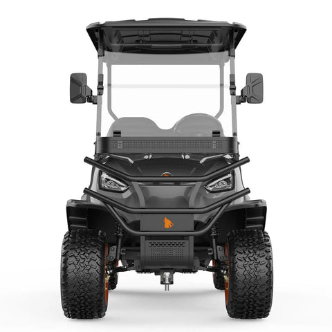 Front view of a slick electric golf cart built with a beefy 48V 5KW AC motor and workhorse 100Ah battery cruising smoothly.