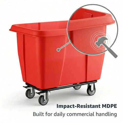 Close-up of Heavy Duty 500 Pound Rolling Trash Can With 8 Cubic Foot Capacity, featuring impact-resistant MDPE material.