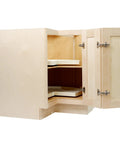 Unfinished Birch Kitchen Lazy Susan Corner Cabinet 36 Inch Featuring Twin Spin Shelves And Reversible Door open with shelves inside.