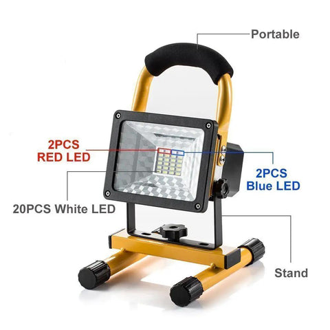 36LED 30W Work Light With Stand IP65 Waterproof Flood Light Beefy Brightness Cordless Portable Job Site Lamp with labeled LEDs