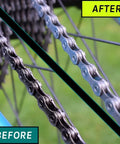 Before and after using Green Handheld Bike Chain Cleaner Tool No Chain Removal Needed Quick Efficient Clean For Pro Grade Chain Maintenance