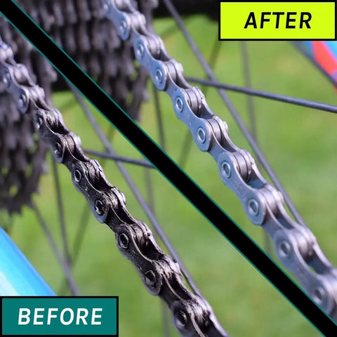 Before and after using Green Handheld Bike Chain Cleaner Tool No Chain Removal Needed Quick Efficient Clean For Pro Grade Chain Maintenance