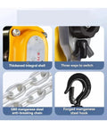 Heavy Duty 0.5 Ton Aluminum Alloy Lever Hoist Crane For Tightening And Lifting Loads Up To One Tons With Portable 3 Meter Chain Cable Rigging Gear details features like thickened shell, switch, chain, and hook.