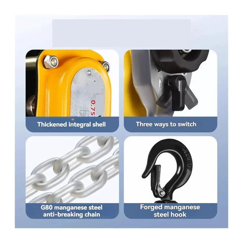 Heavy Duty 0.5 Ton Aluminum Alloy Lever Hoist Crane For Tightening And Lifting Loads Up To One Tons With Portable 3 Meter Chain Cable Rigging Gear details features like thickened shell, switch, chain, and hook.