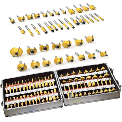 Knockout 100 Piece Router Bit And Chisel Set With 1/4 Shank For Tongue Groove Trimming Slotting Milling Out Of Heavy Carbon Steel With Locking Storage Box display.