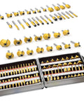Top Shelf 100 Piece Router Bit And Woodworking Chisel Set Featuring 1/4 Inch Shank, includes precision bits and storage cases.