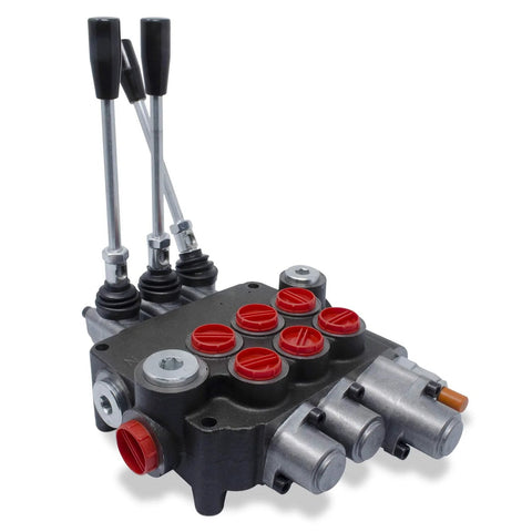 Angled front view of a monoblock hydraulic directional control valve, 3-spool with levers, gray body and red port caps