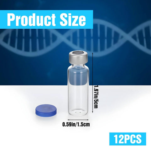 Front view of a 5 ml clear glass vial with a silver flip-cap; blue cap beside, 12-pack