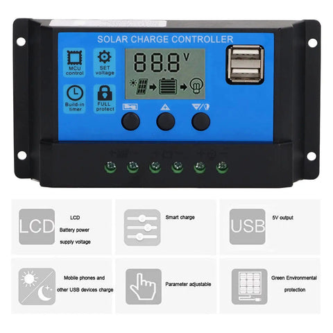 Front view of Powerful 12V 24V PWM Solar Controller With LCD Display And USB Output, 100A MPPT Style Solar Charger for RVs