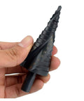 Top Tier 3 Piece Step Drill Bit Set Made From HSS With Titanium Nitride Coated For Fast Cutting Smooth Holes In Metal Sheet And Steel Using Triangular Shank, hand holding bit