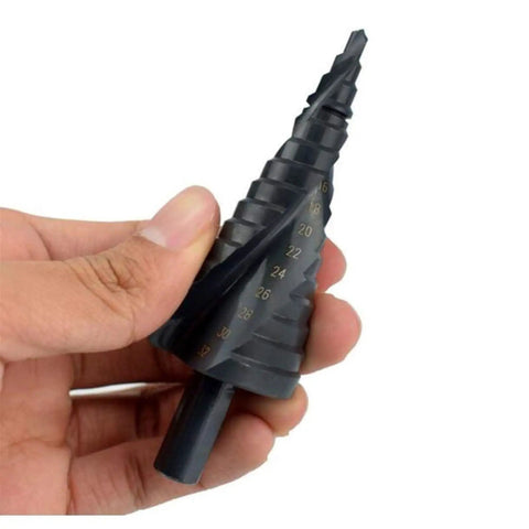 Top Tier 3 Piece Step Drill Bit Set Made From HSS With Titanium Nitride Coated For Fast Cutting Smooth Holes In Metal Sheet And Steel Using Triangular Shank, hand holding bit