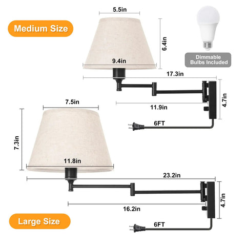 Plug In Wall Sconce With Remote Dimmer And Adjustable Color Temperature 2700K To 6500K, Swing Arm, 11.8 Inch Beige Fabric Shade