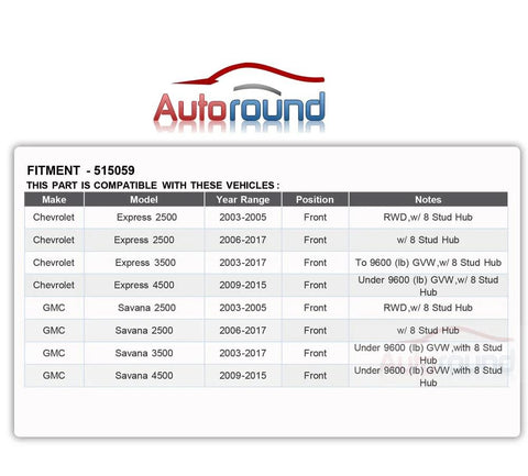 Compatibility chart for Chevy Express And GMC Savana Front Wheel Hub And 8 Lug With ABS 2003-2017 vans Express 2500 3500 Savana 2500 3500.