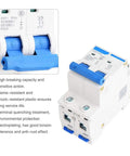 DZ47-63 2 Pole 400V AC Miniature Circuit Breaker With Leakage Air Switch 63A, shown in white with blue switches and engraved details