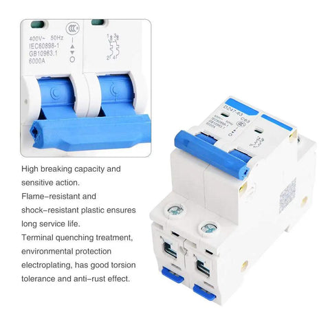 DZ47-63 2 Pole 400V AC Miniature Circuit Breaker With Leakage Air Switch 63A, shown in white with blue switches and engraved details