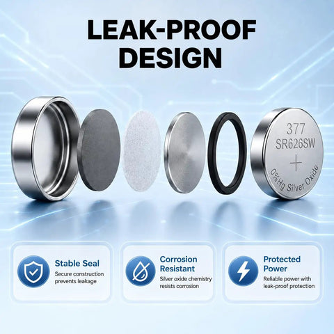 Leak-proof design of 10 Pack Sr626sw And 377 Watch Batteries 1.55V Silver Oxide Button Cells showcasing secure construction.
