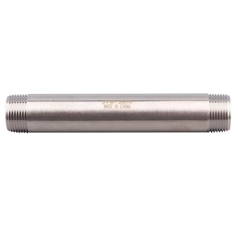 Three Quarter Inch NPT Male Stainless Steel Pipe Nipple, 304 Grade, Six Inch Length, Heavy Duty Plumbing Fitting, front view