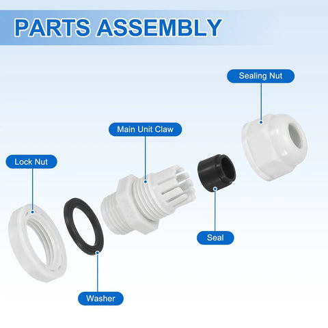 Image showing parts assembly of Adjustable PG11 Cable Glands 6 to 10mm PA6 Nylon IP68 Waterproof Connectors With Seals.