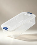 Heavy Duty 32 Quart Medium Clear Plastic Latching Storage Bin With Snap Tight Locking Lid Spill Resistant Container, angled view.