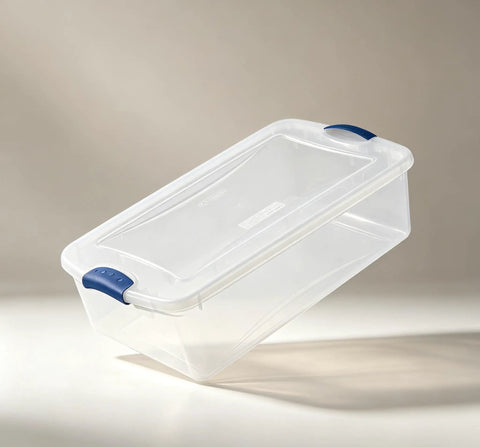 Heavy Duty 32 Quart Medium Clear Plastic Latching Storage Bin With Snap Tight Locking Lid Spill Resistant Container, angled view.